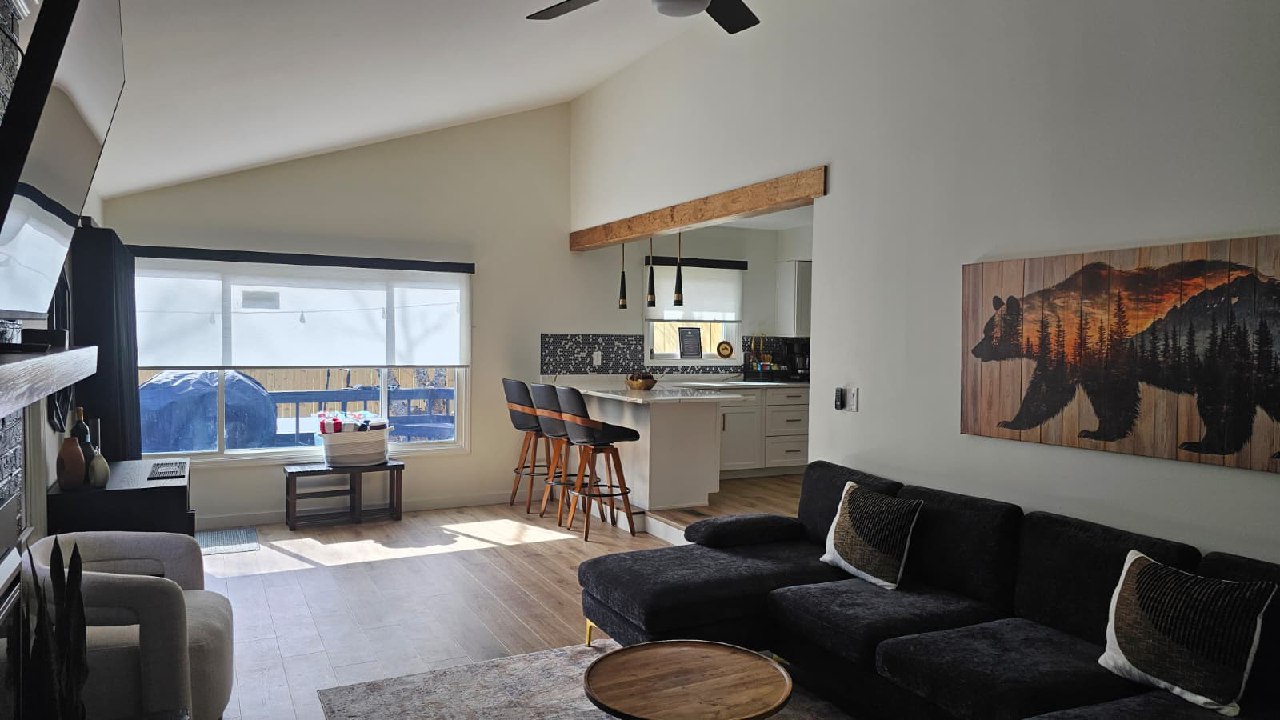 Kitchen peninsula and island from family room